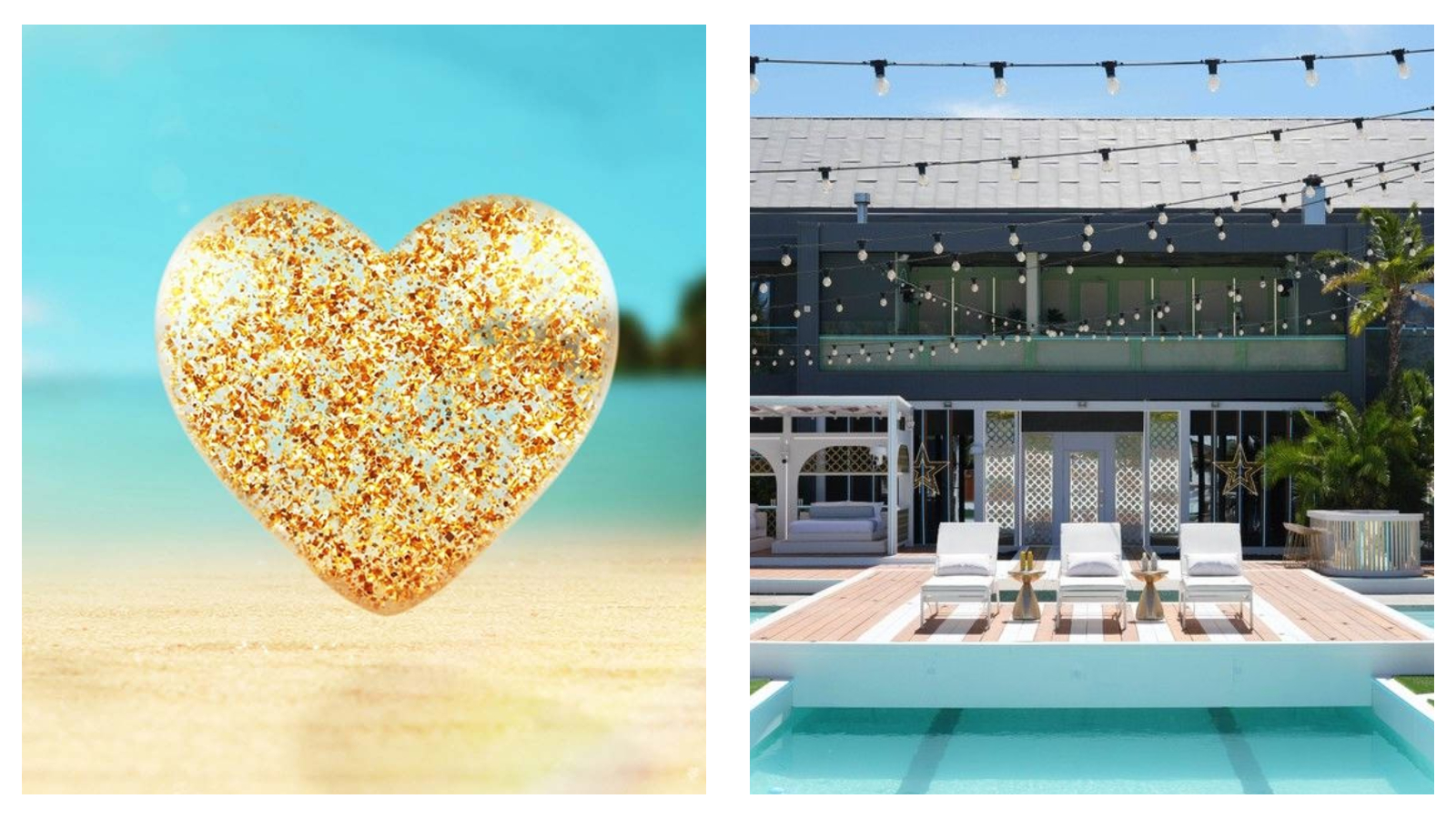 On the left, a clear heart-shaped jewel filled with gold glitter rests on sunny sand. On the right, three white sun loungers sit beside a swimming pool outside a modern villa with festoon lights.