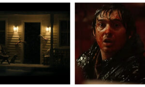 On the left, hands reach out from the dark open doorway of a lit porch at night. On the right, a close-up of a person with a wide-eyed, shocked expression and blood smeared across their face.