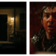 On the left, hands reach out from the dark open doorway of a lit porch at night. On the right, a close-up of a person with a wide-eyed, shocked expression and blood smeared across their face.
