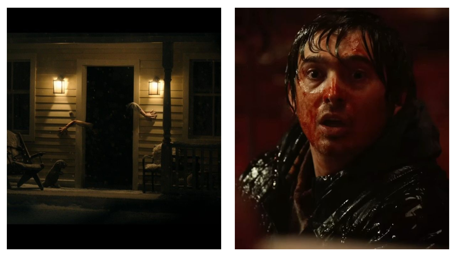 On the left, hands reach out from the dark open doorway of a lit porch at night. On the right, a close-up of a person with a wide-eyed, shocked expression and blood smeared across their face.