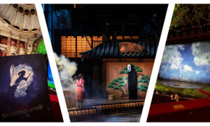 A three-panel photo collage showcasing the "Spirited Away" stage play. The left panel shows the theatre programme featuring a silhouette of Chihiro and Haku in his dragon form with the text "SPIRITED AWAY"; the central panel depicts Chihiro in her pink work uniform facing No-Face on a detailed Japanese bathhouse stage set; the right panel shows a wide view of the theatre interior with a painted blue sky backdrop on stage.