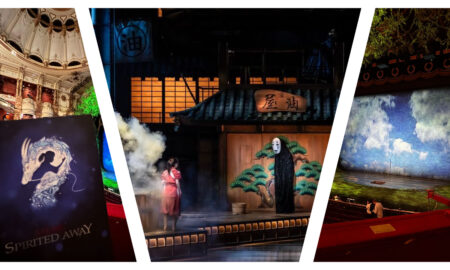 A three-panel photo collage showcasing the "Spirited Away" stage play. The left panel shows the theatre programme featuring a silhouette of Chihiro and Haku in his dragon form with the text "SPIRITED AWAY"; the central panel depicts Chihiro in her pink work uniform facing No-Face on a detailed Japanese bathhouse stage set; the right panel shows a wide view of the theatre interior with a painted blue sky backdrop on stage.