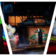 A three-panel photo collage showcasing the "Spirited Away" stage play. The left panel shows the theatre programme featuring a silhouette of Chihiro and Haku in his dragon form with the text "SPIRITED AWAY"; the central panel depicts Chihiro in her pink work uniform facing No-Face on a detailed Japanese bathhouse stage set; the right panel shows a wide view of the theatre interior with a painted blue sky backdrop on stage.