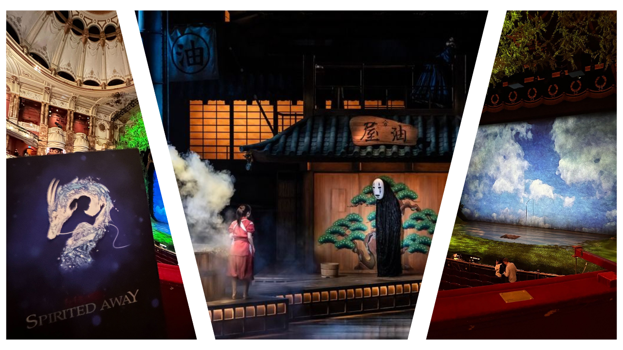 A three-panel photo collage showcasing the "Spirited Away" stage play. The left panel shows the theatre programme featuring a silhouette of Chihiro and Haku in his dragon form with the text "SPIRITED AWAY"; the central panel depicts Chihiro in her pink work uniform facing No-Face on a detailed Japanese bathhouse stage set; the right panel shows a wide view of the theatre interior with a painted blue sky backdrop on stage.