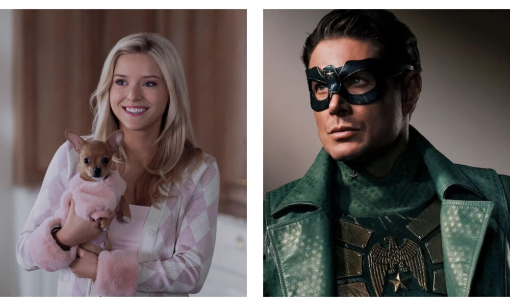 Side-by-side comparison of blonde Lexi Minetree as Elle Woods holding a small dog in a matching pink sweater, next to Jensen Ackles as Soldier Boy in a dark mask and green superhero suit with an eagle emblem