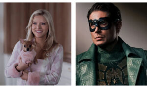 Side-by-side comparison of blonde Lexi Minetree as Elle Woods holding a small dog in a matching pink sweater, next to Jensen Ackles as Soldier Boy in a dark mask and green superhero suit with an eagle emblem