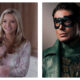 Side-by-side comparison of blonde Lexi Minetree as Elle Woods holding a small dog in a matching pink sweater, next to Jensen Ackles as Soldier Boy in a dark mask and green superhero suit with an eagle emblem