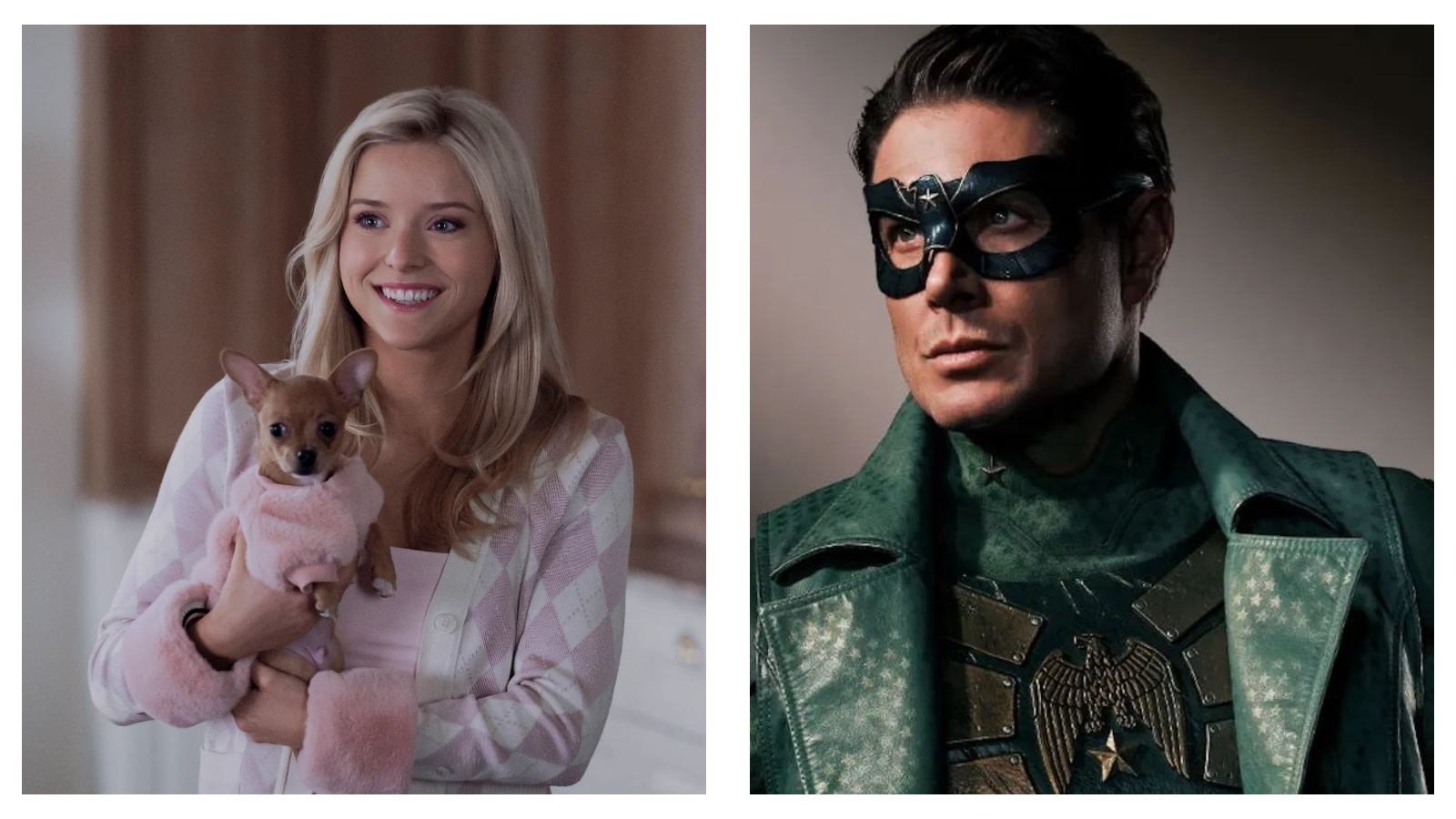 Side-by-side comparison of blonde Lexi Minetree as Elle Woods holding a small dog in a matching pink sweater, next to Jensen Ackles as Soldier Boy in a dark mask and green superhero suit with an eagle emblem
