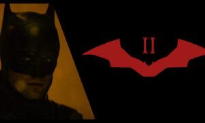 A split-screen promotional image featuring a close-up of Batman in a dark cowl under moody yellow lighting on the left, and a dark red bat logo with the Roman numeral "II" on a black background on the right.