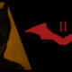A split-screen promotional image featuring a close-up of Batman in a dark cowl under moody yellow lighting on the left, and a dark red bat logo with the Roman numeral "II" on a black background on the right.