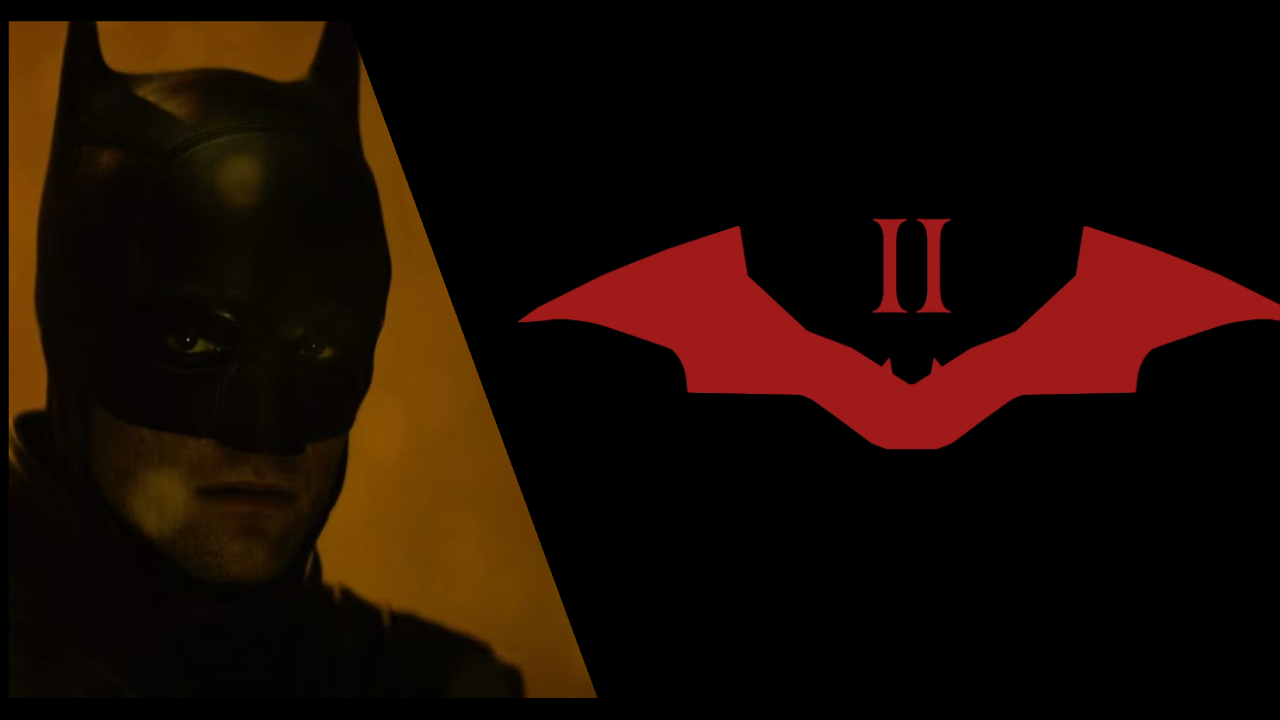 A split-screen promotional image featuring a close-up of Batman in a dark cowl under moody yellow lighting on the left, and a dark red bat logo with the Roman numeral "II" on a black background on the right.