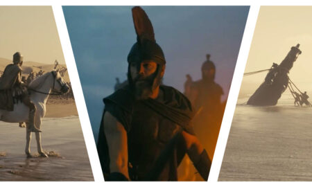 Three-panel cinematic collage from the film The Odyssey. The left panel shows a soldier on a white horse on a beach, the large central panel features a close-up of Matt Damon as a bearded Odysseus in a plumed helmet looking sideways, and the right panel depicts figures pulling a large, dark, horse-shaped structure out of the shallow surf.