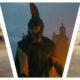 Three-panel cinematic collage from the film The Odyssey. The left panel shows a soldier on a white horse on a beach, the large central panel features a close-up of Matt Damon as a bearded Odysseus in a plumed helmet looking sideways, and the right panel depicts figures pulling a large, dark, horse-shaped structure out of the shallow surf.