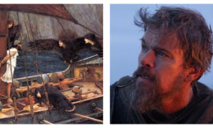 Alt-Text: Side-by-side comparison of John William Waterhouse's painting Ulysses and the Sirens, featuring a man tied to a ship's mast surrounded by bird-like sirens, next to a close-up film still of Matt Damon as Odysseus with a beard looking upwards.