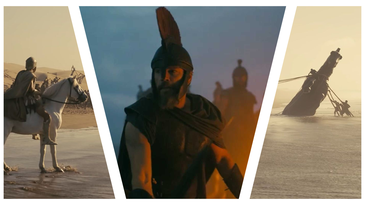 Three-panel cinematic collage from the film The Odyssey. The left panel shows a soldier on a white horse on a beach, the large central panel features a close-up of Matt Damon as a bearded Odysseus in a plumed helmet looking sideways, and the right panel depicts figures pulling a large, dark, horse-shaped structure out of the shallow surf.