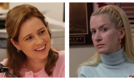 Side-by-side split view of Pam Beesly smiling warmly in a pink cardigan on the left, and Angela Martin staring impassively in a light blue turtleneck on the right.