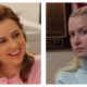 Side-by-side split view of Pam Beesly smiling warmly in a pink cardigan on the left, and Angela Martin staring impassively in a light blue turtleneck on the right.