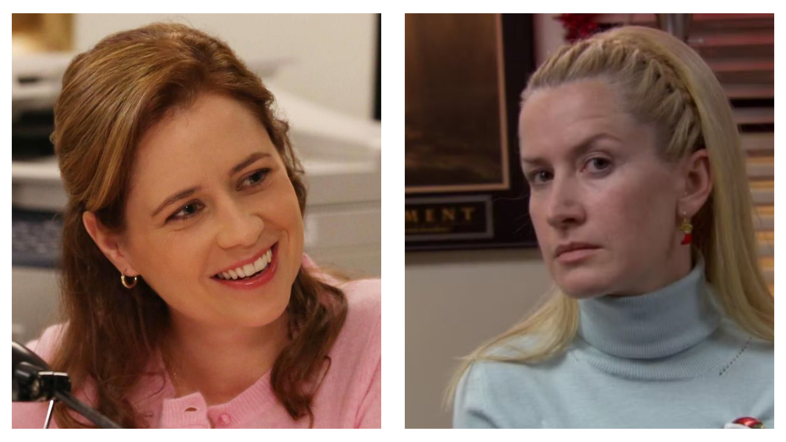 Side-by-side split view of Pam Beesly smiling warmly in a pink cardigan on the left, and Angela Martin staring impassively in a light blue turtleneck on the right.