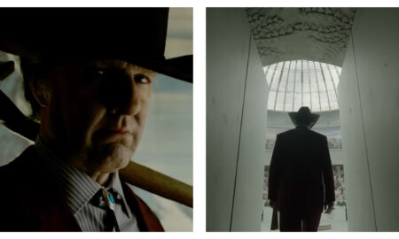 Two side-by-side film stills featuring Tom Cruise as Digger Rockwell (title character in the film, Digger) in a cowboy hat and suit. The left panel shows a close-up of his stern, partially shadowed face with a wooden handle resting on his shoulder, while the right panel shows him from behind, walking down a narrow white corridor toward a large, glass-domed hall.