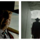 Two side-by-side film stills featuring Tom Cruise as Digger Rockwell (title character in the film, Digger) in a cowboy hat and suit. The left panel shows a close-up of his stern, partially shadowed face with a wooden handle resting on his shoulder, while the right panel shows him from behind, walking down a narrow white corridor toward a large, glass-domed hall.