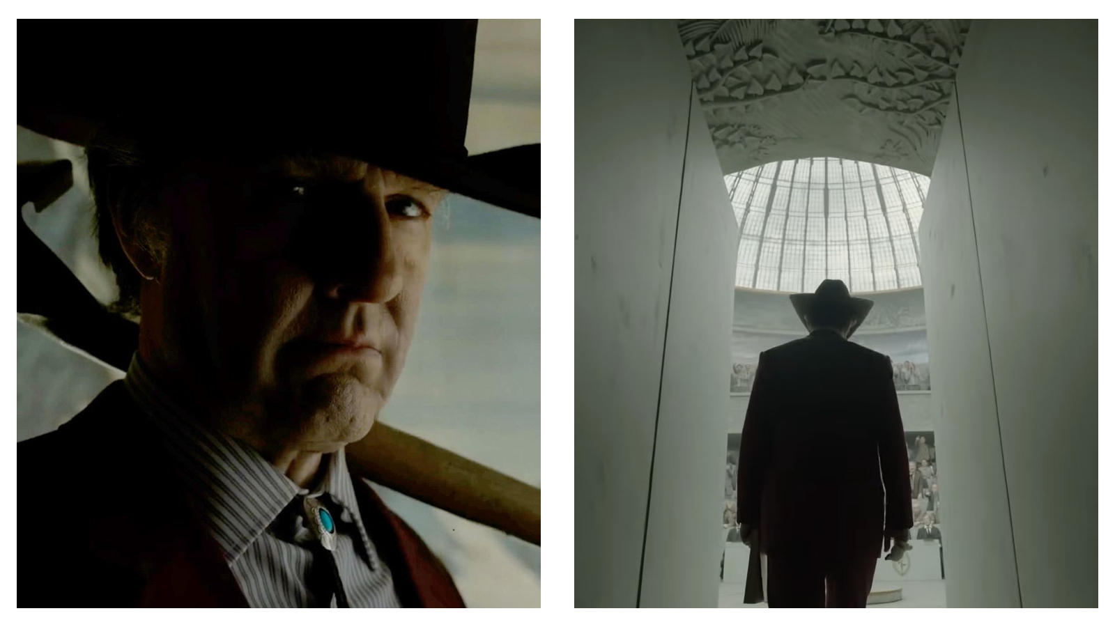 Two side-by-side film stills featuring Tom Cruise as Digger Rockwell (title character in the film, Digger) in a cowboy hat and suit. The left panel shows a close-up of his stern, partially shadowed face with a wooden handle resting on his shoulder, while the right panel shows him from behind, walking down a narrow white corridor toward a large, glass-domed hall.