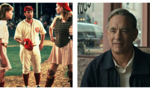 A side-by-side comparison image of actor Tom Hanks across different film roles. On the left, a younger Hanks stands on a baseball field in a white and red uniform alongside Lori Petty and Geena Davis from the movie A League of Their Own; on the right, an older Hanks sits in a diner booths wearing a dark jacket, looking thoughtfully off-camera as Fred Rogers in A Beautiful Day in the Neighborhood.