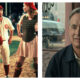 A side-by-side comparison image of actor Tom Hanks across different film roles. On the left, a younger Hanks stands on a baseball field in a white and red uniform alongside Lori Petty and Geena Davis from the movie A League of Their Own; on the right, an older Hanks sits in a diner booths wearing a dark jacket, looking thoughtfully off-camera as Fred Rogers in A Beautiful Day in the Neighborhood.