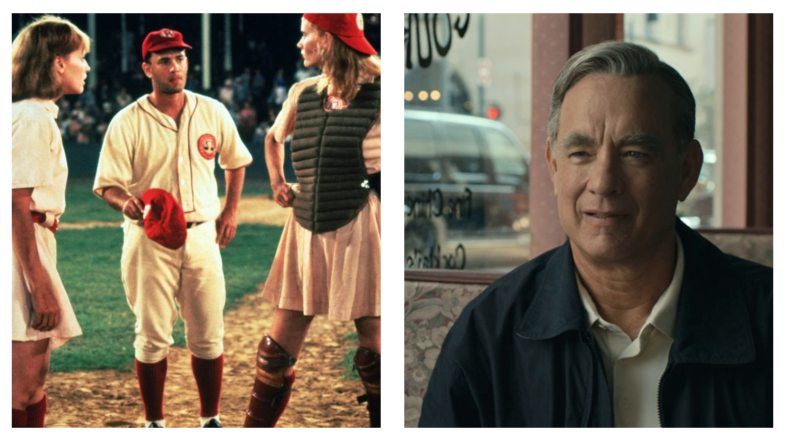 A side-by-side comparison image of actor Tom Hanks across different film roles. On the left, a younger Hanks stands on a baseball field in a white and red uniform alongside Lori Petty and Geena Davis from the movie A League of Their Own; on the right, an older Hanks sits in a diner booths wearing a dark jacket, looking thoughtfully off-camera as Fred Rogers in A Beautiful Day in the Neighborhood.