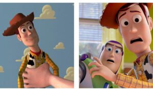 A side-by-side comparison of two scenes from Toy Story; on the left, a close-up of a human hand holding the cowboy doll Woody against a blue, cloud-patterned wallpaper backdrop; on the right, Woody and Buzz Lightyear look ahead with wide-eyed, panicked expressions in a brightly lit room.