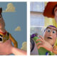 A side-by-side comparison of two scenes from Toy Story; on the left, a close-up of a human hand holding the cowboy doll Woody against a blue, cloud-patterned wallpaper backdrop; on the right, Woody and Buzz Lightyear look ahead with wide-eyed, panicked expressions in a brightly lit room.