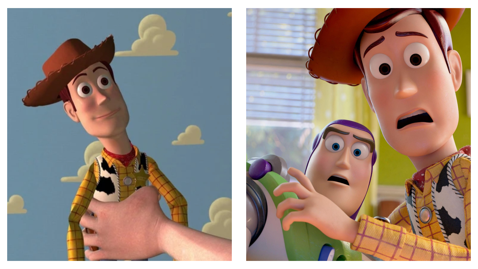 A side-by-side comparison of two scenes from Toy Story; on the left, a close-up of a human hand holding the cowboy doll Woody against a blue, cloud-patterned wallpaper backdrop; on the right, Woody and Buzz Lightyear look ahead with wide-eyed, panicked expressions in a brightly lit room.