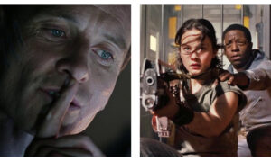 Side-by-side movie stills from the Alien franchise: On the left, a close-up of Michael Fassbender as David in Alien: Covenant, making a shushing gesture with an index finger over his lips. On the right, Cailee Spaeny as Rain aims a futuristic rifle forward while David Jonsson as Andy holds onto her shoulder with a concerned expression in Alien: Romulus.