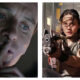 Side-by-side movie stills from the Alien franchise: On the left, a close-up of Michael Fassbender as David in Alien: Covenant, making a shushing gesture with an index finger over his lips. On the right, Cailee Spaeny as Rain aims a futuristic rifle forward while David Jonsson as Andy holds onto her shoulder with a concerned expression in Alien: Romulus.