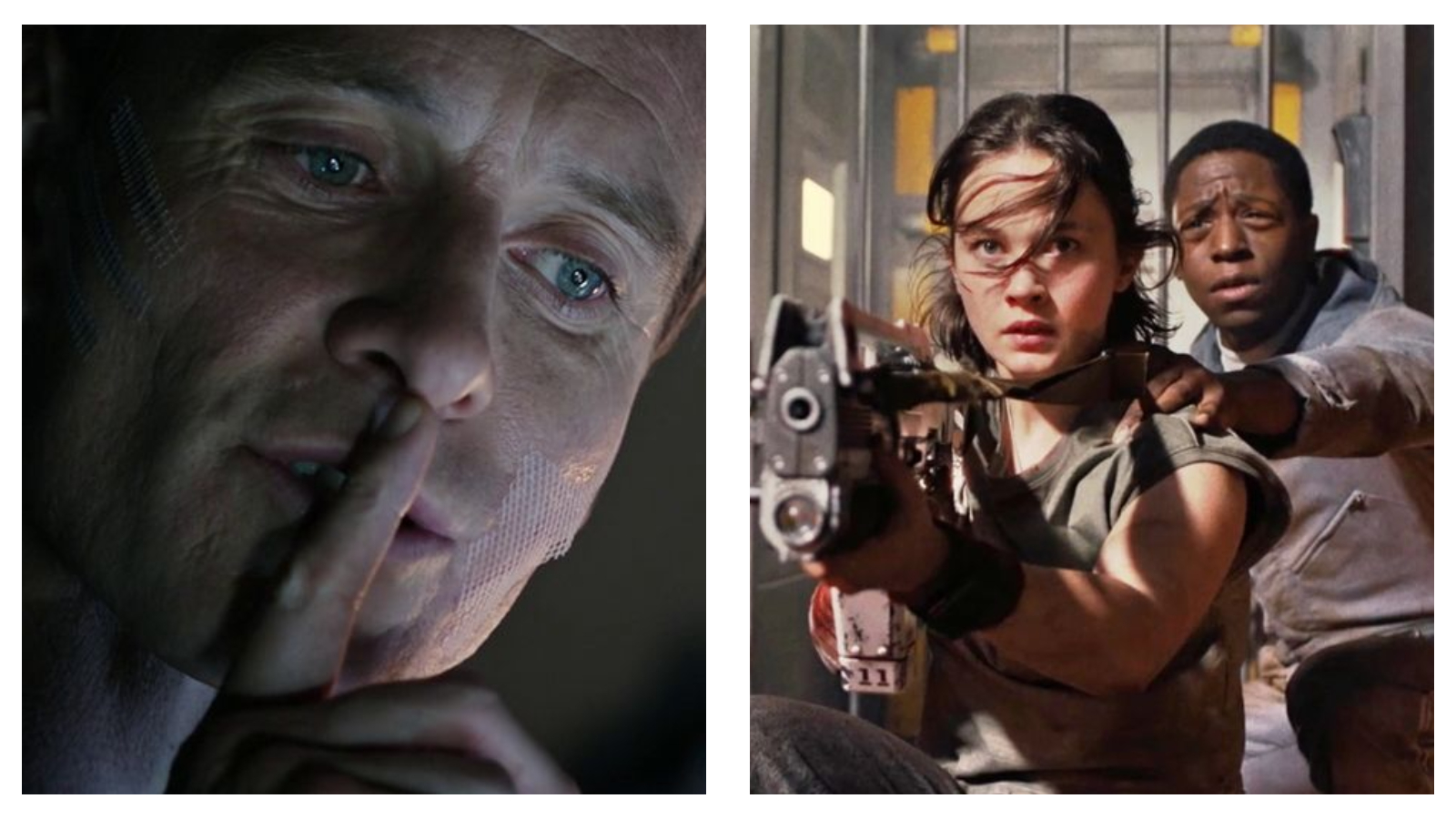 Side-by-side movie stills from the Alien franchise: On the left, a close-up of Michael Fassbender as David in Alien: Covenant, making a shushing gesture with an index finger over his lips. On the right, Cailee Spaeny as Rain aims a futuristic rifle forward while David Jonsson as Andy holds onto her shoulder with a concerned expression in Alien: Romulus.