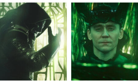 A 50/50 split image from two Marvel Studios properties. On the left, a cloaked Dr Doom clenches his first in front of a green backdrop. On the right, Tom Hiddlestone's Loki in his horned helmet sits in front of a glowing green backdrop.