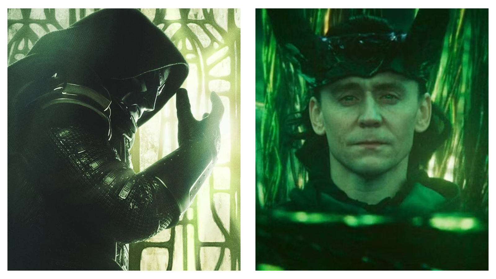 A 50/50 split image from two Marvel Studios properties. On the left, a cloaked Dr Doom clenches his first in front of a green backdrop. On the right, Tom Hiddlestone's Loki in his horned helmet sits in front of a glowing green backdrop.
