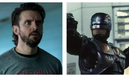Side-by-side comparison of actor Dan Stevens on the left wearing an Iron Maiden t-shirt with a wide-eyed expression, and RoboCop on the right in silver metallic armour aiming a handgun forward.