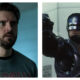 Side-by-side comparison of actor Dan Stevens on the left wearing an Iron Maiden t-shirt with a wide-eyed expression, and RoboCop on the right in silver metallic armour aiming a handgun forward.