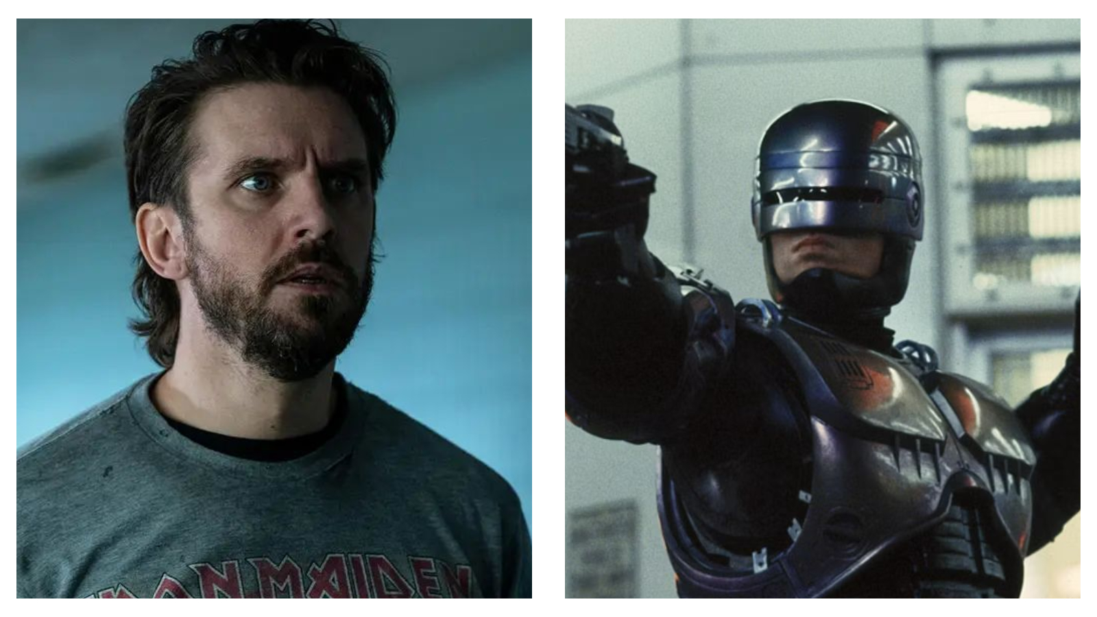 Side-by-side comparison of actor Dan Stevens on the left wearing an Iron Maiden t-shirt with a wide-eyed expression, and RoboCop on the right in silver metallic armour aiming a handgun forward.