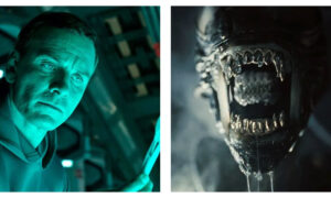 Side-by-side cinema stills: on the left, Michael Fassbender as the android David from Alien: Covenant, glowing in cool turquoise light; on the right, a terrifying close-up of the translucent-headed Xenomorph from Alien: Romulus, its inner metallic jaw extended and dripping with clear slime.