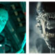 Side-by-side cinema stills: on the left, Michael Fassbender as the android David from Alien: Covenant, glowing in cool turquoise light; on the right, a terrifying close-up of the translucent-headed Xenomorph from Alien: Romulus, its inner metallic jaw extended and dripping with clear slime.