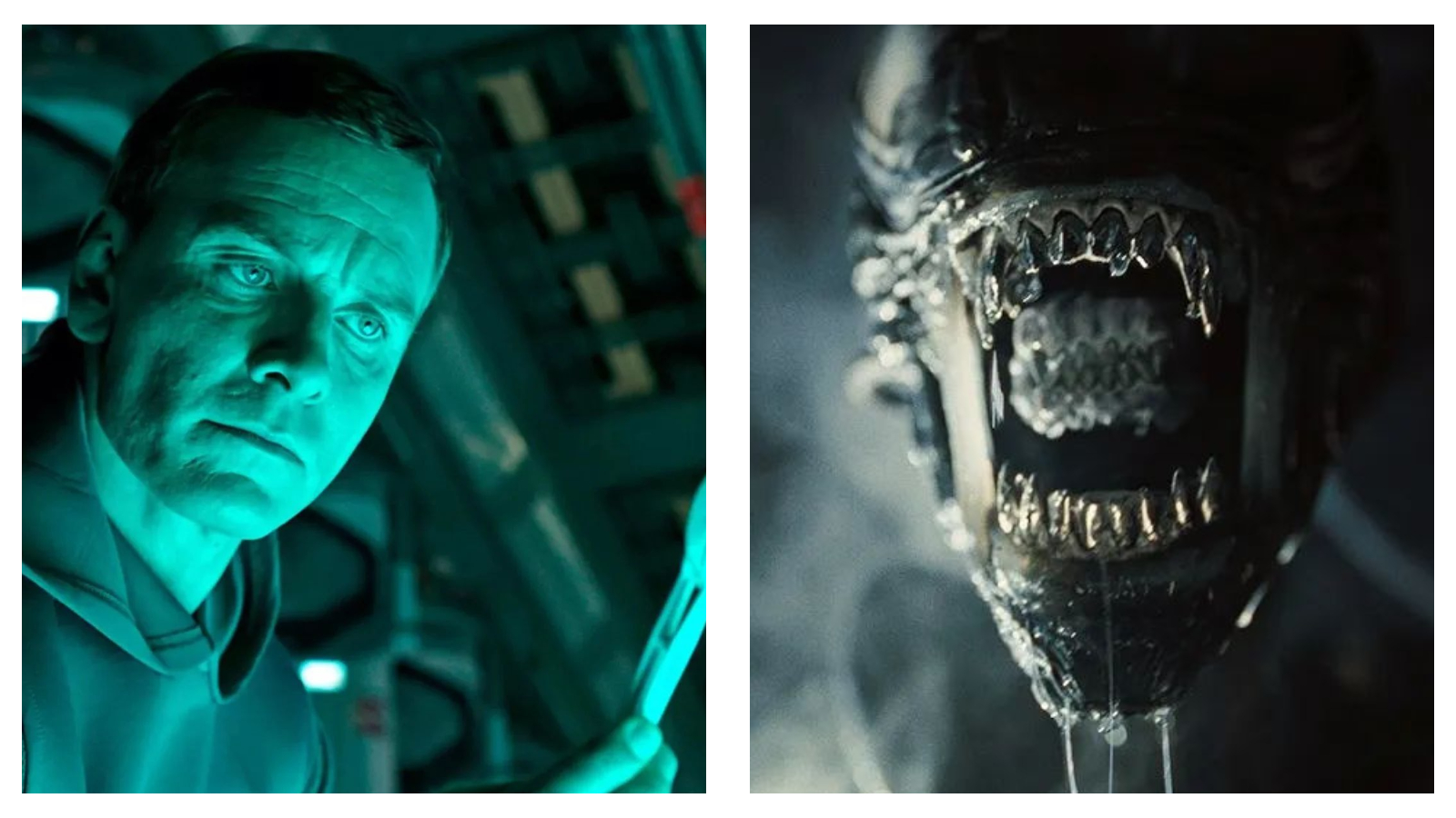 Side-by-side cinema stills: on the left, Michael Fassbender as the android David from Alien: Covenant, glowing in cool turquoise light; on the right, a terrifying close-up of the translucent-headed Xenomorph from Alien: Romulus, its inner metallic jaw extended and dripping with clear slime.