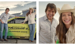 Side-by-side promotional photo featuring Tom Cruise and Anne Hathaway standing next to a weathered green stock car at a racetrack, alongside a close-up selfie-style shot of both smiling broadly. The car displays the text "COLE TRICKLE", "DAYS OF THUNDER", and "SUMMER 2028".