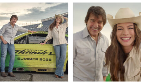 Side-by-side promotional photo featuring Tom Cruise and Anne Hathaway standing next to a weathered green stock car at a racetrack, alongside a close-up selfie-style shot of both smiling broadly. The car displays the text "COLE TRICKLE", "DAYS OF THUNDER", and "SUMMER 2028".