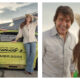 Side-by-side promotional photo featuring Tom Cruise and Anne Hathaway standing next to a weathered green stock car at a racetrack, alongside a close-up selfie-style shot of both smiling broadly. The car displays the text "COLE TRICKLE", "DAYS OF THUNDER", and "SUMMER 2028".