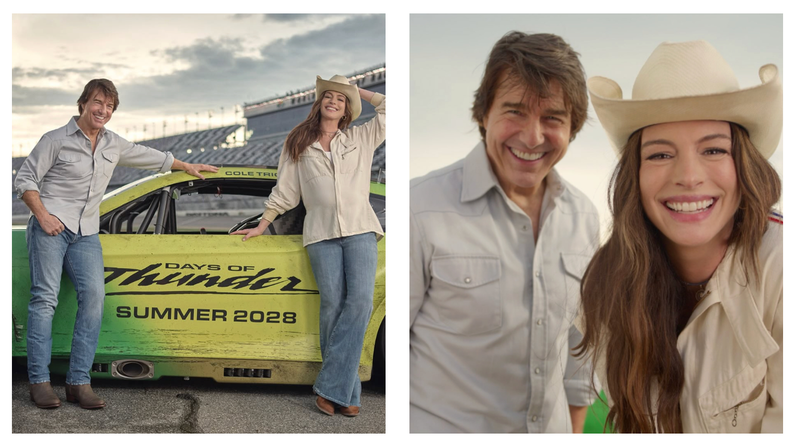 Side-by-side promotional photo featuring Tom Cruise and Anne Hathaway standing next to a weathered green stock car at a racetrack, alongside a close-up selfie-style shot of both smiling broadly. The car displays the text "COLE TRICKLE", "DAYS OF THUNDER", and "SUMMER 2028".