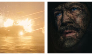 A two-panel image showing a fiery vehicle explosion on a desert plain on the left, and a close-up of Stilgar (Javier Bardem) on the right with dark, soot-covered skin, striking blue eyes, and an open-mouthed, awe-struck expression.