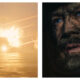 A two-panel image showing a fiery vehicle explosion on a desert plain on the left, and a close-up of Stilgar (Javier Bardem) on the right with dark, soot-covered skin, striking blue eyes, and an open-mouthed, awe-struck expression.