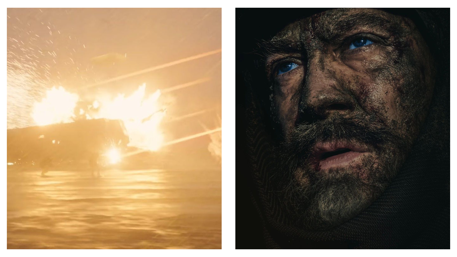 A two-panel image showing a fiery vehicle explosion on a desert plain on the left, and a close-up of Stilgar (Javier Bardem) on the right with dark, soot-covered skin, striking blue eyes, and an open-mouthed, awe-struck expression.