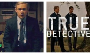 A 50/50 split image with the actor Martin Freeman on the left looking really shocked. On the right is a photo of two men staring down at something out of frame. Over the right photo is the title of the show it's from:True Detective.